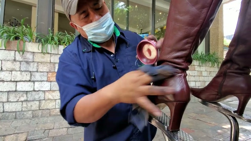 RED CHERRY Long Boots Street Shoe Shine by Miguel Mexico City ASMR SOUNDS